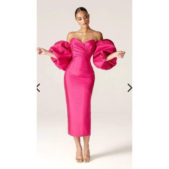 NEW Aliava Tiffany Dupioni Puff Sleeve Maxi Dress Hot Pink Midi Length Size XL - Picture 1 of 15